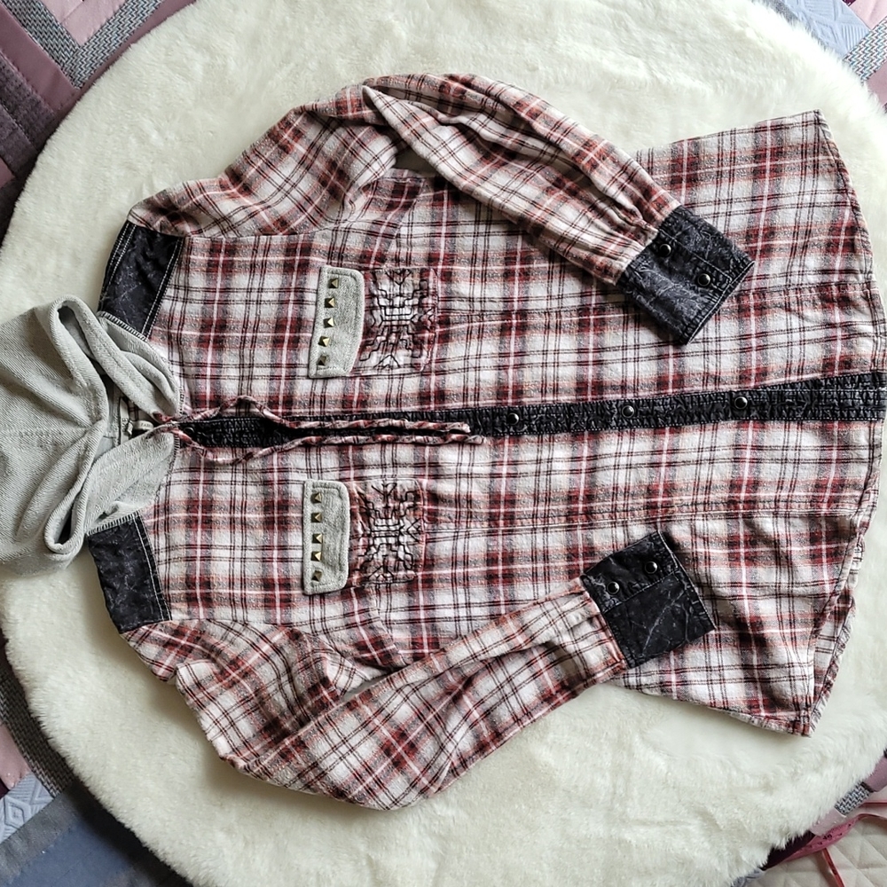 BKE Red White Eased Plaid Studded Embroidered Grunge Punk Cute Button Down